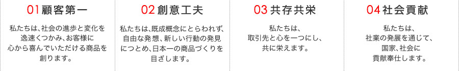 ①顧客第一 私たちは、社会の進歩と変化を逸速くつかみ、お客様に心から喜んで頂ける商品を創ります。 ②創意工夫 私たちは、既成概念にとらわれず、自由な発想、新しい行動の発見につとめ、日本一の商品づくりを目ざします。 ③共存共栄　私たちは、取引先と心を一つにし、共に栄えます。　④社会貢献　私たちは、社業の発展を通じて、国家、社会に貢献奉仕します。